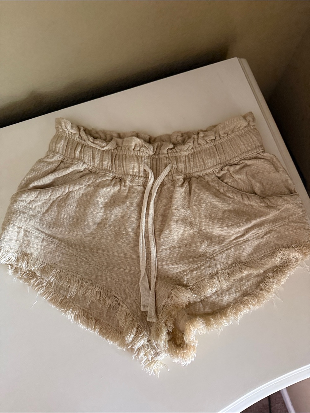 BDG Cream Frayed Hem Drawstring Athletic Shorts